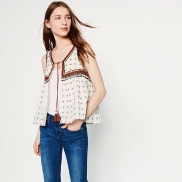 Zara Tops - Zara Boho Embroidered Tassel Tie Vest Top